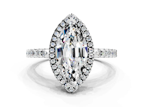 White gold Marquise Cut Moissanite Halo Engagement Ring with Pavé Band and Prong Setting_12
