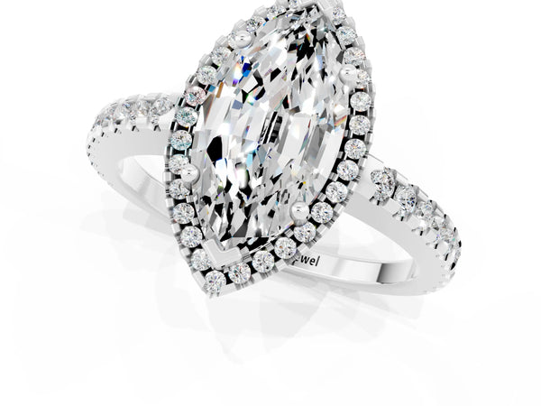 Platinum Marquise Cut Moissanite Halo Engagement Ring with Pavé Band and Prong Setting