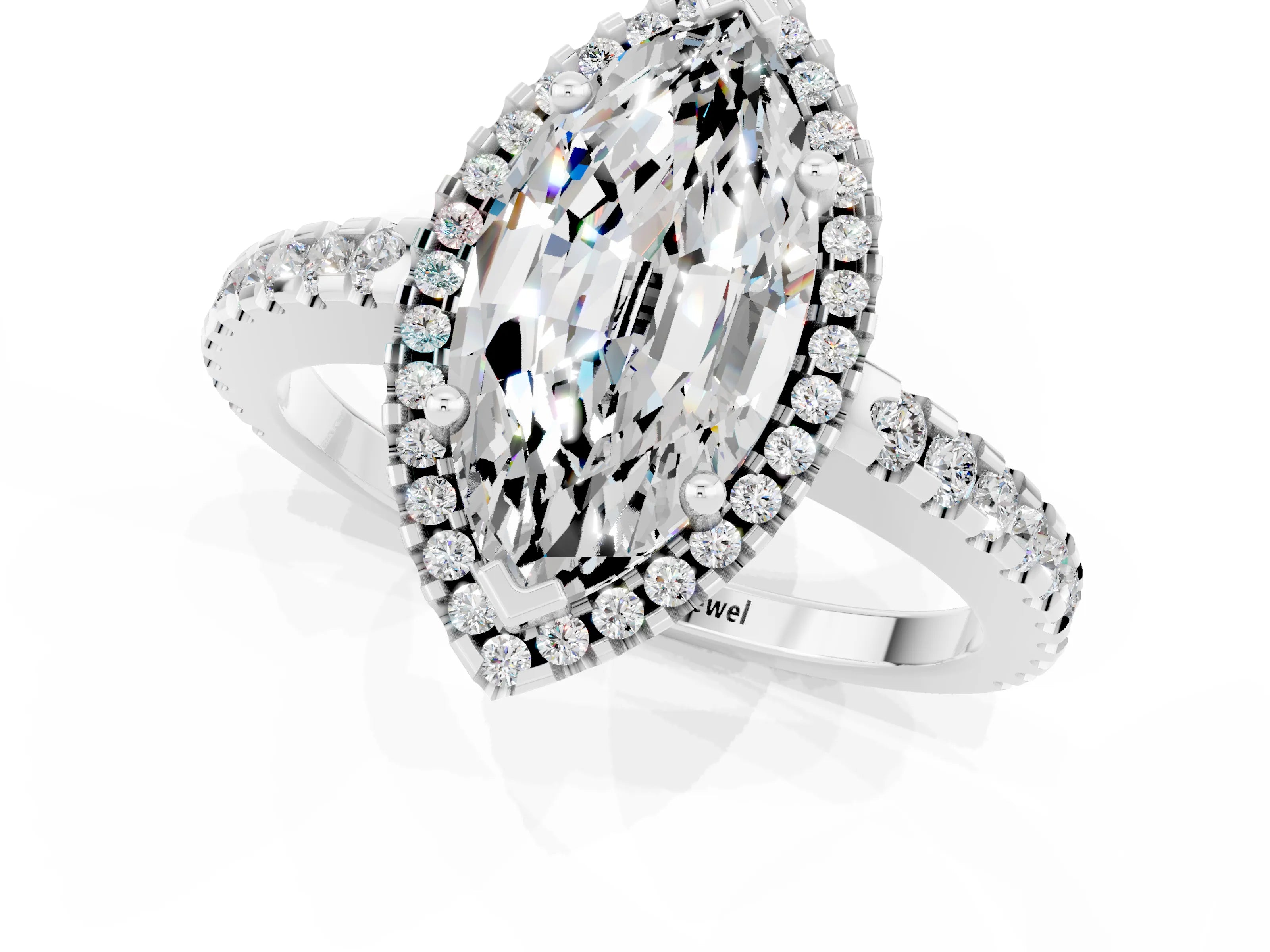 White gold Marquise Cut Moissanite Halo Engagement Ring with Pavé Band and Prong Setting_13