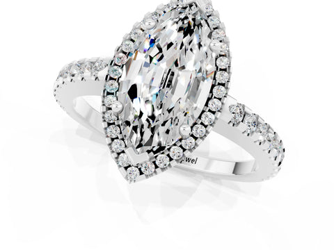 White gold Marquise Cut Moissanite Halo Engagement Ring with Pavé Band and Prong Setting_13