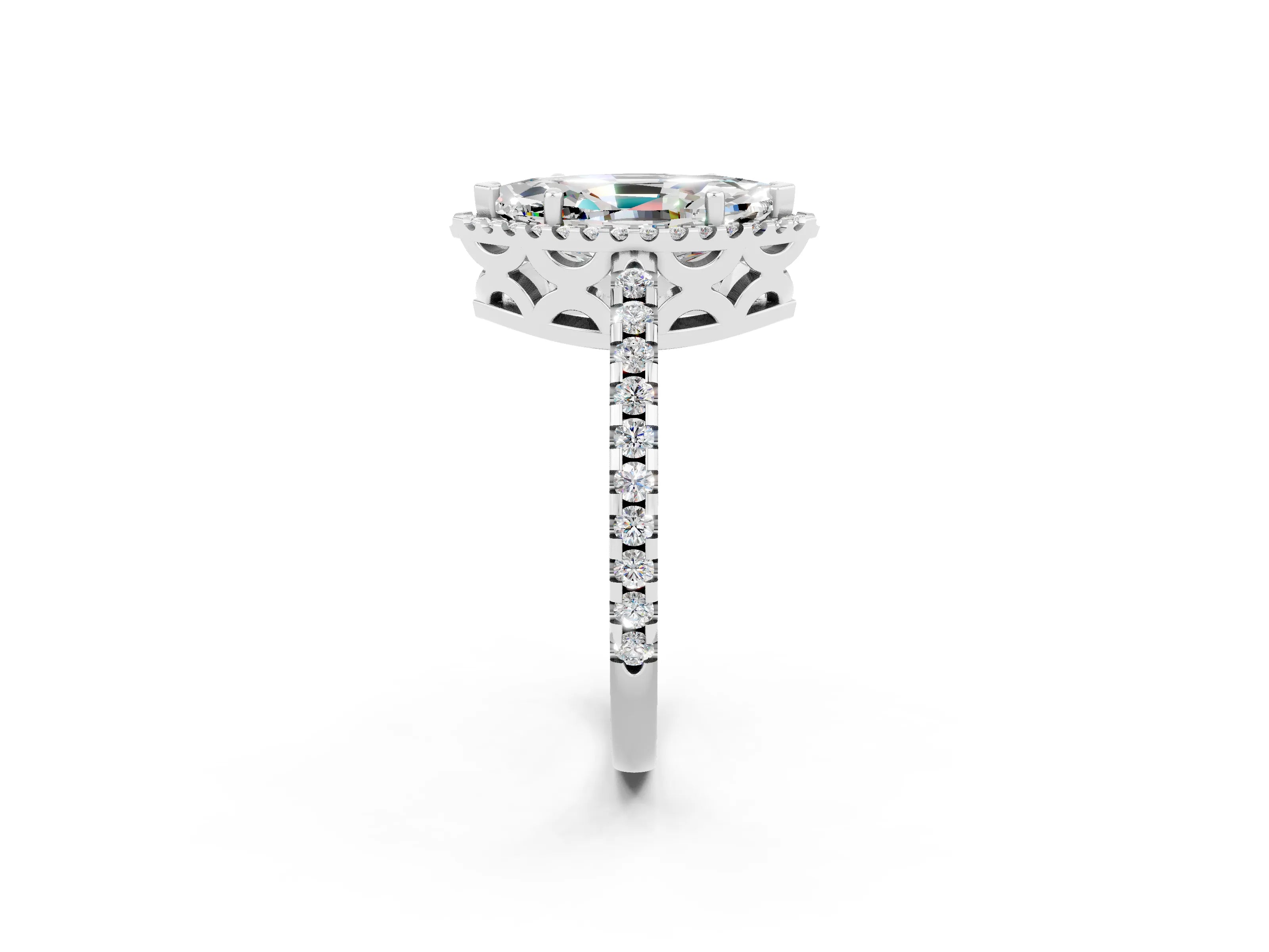 White gold Marquise Cut Moissanite Halo Engagement Ring with Pavé Band and Prong Setting_14