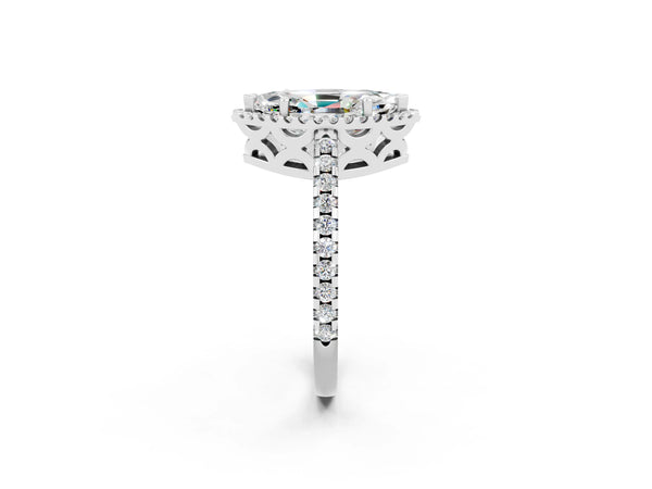 Silver Marquise Cut Moissanite Halo Engagement Ring with Pavé Band and Prong Setting