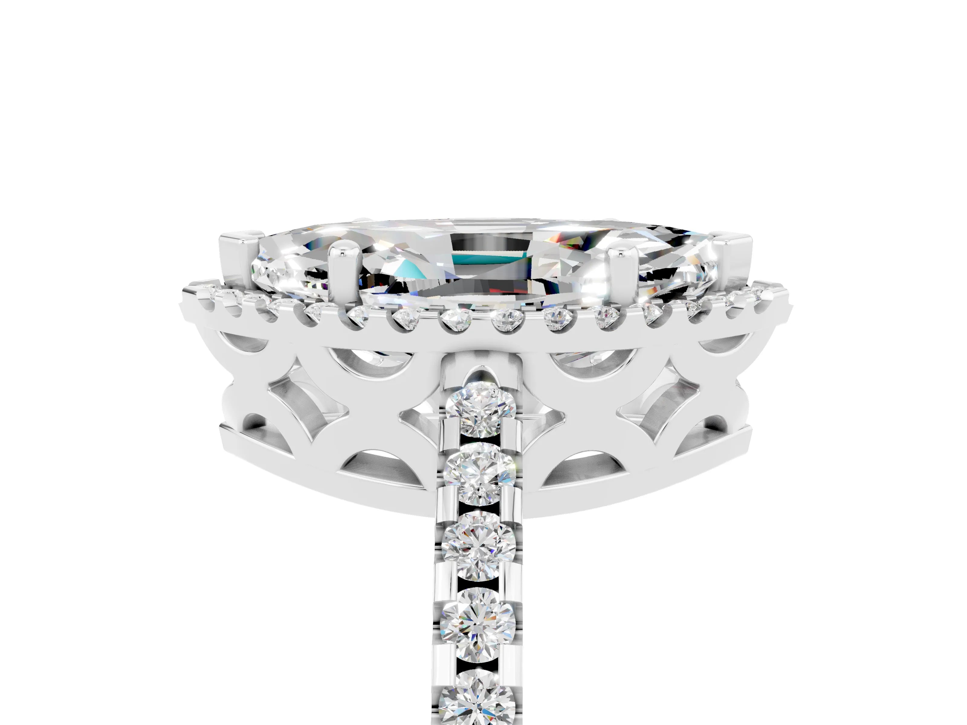 White gold Marquise Cut Moissanite Halo Engagement Ring with Pavé Band and Prong Setting_17