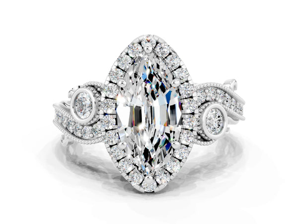 Silver Marquise Cut Moissanite Halo Ring with Milgrain Pavé Band and Four-Prong Setting