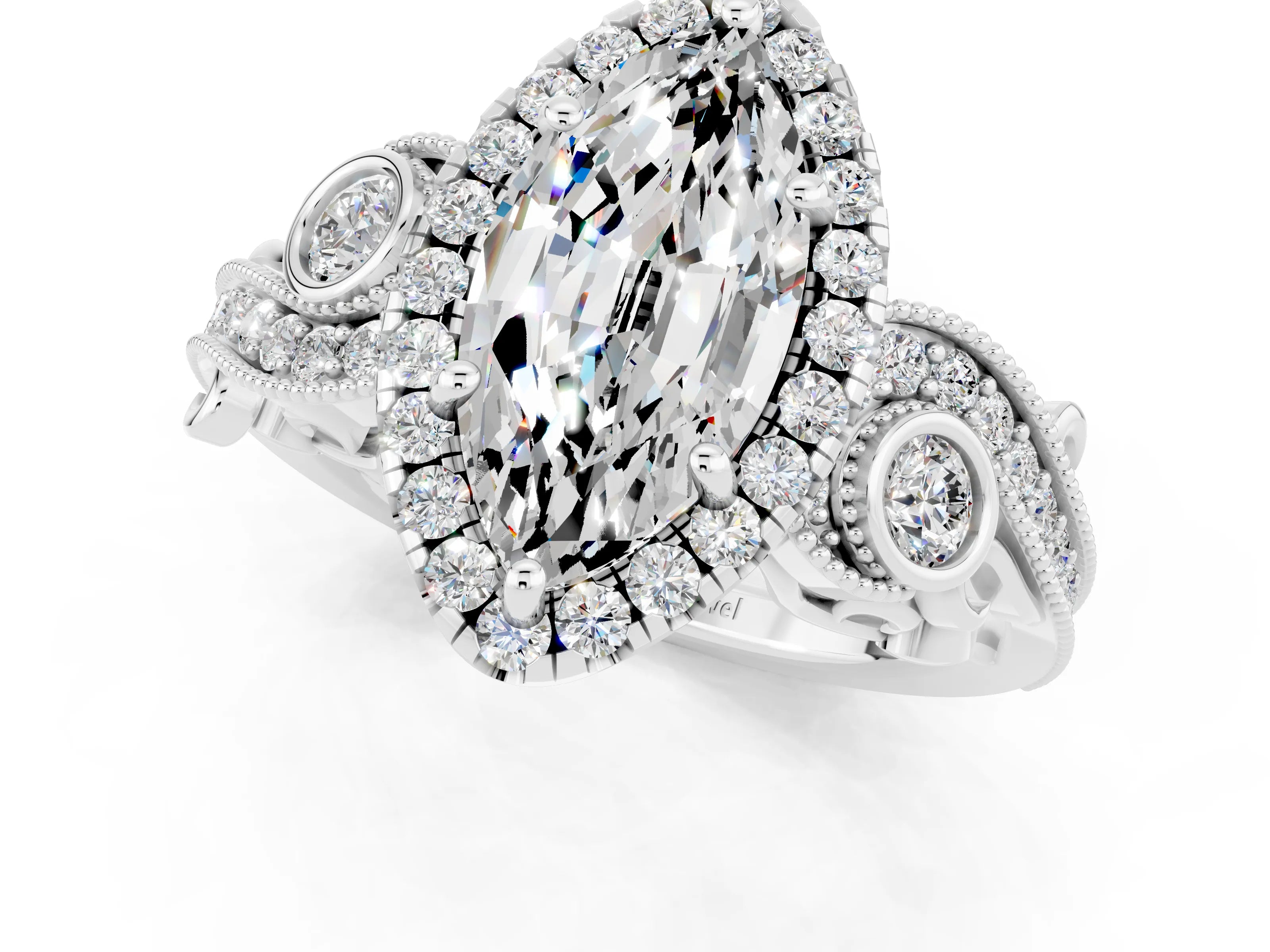 White gold Marquise Cut Moissanite Halo Ring with Milgrain Pavé Band and Four-Prong Setting_13