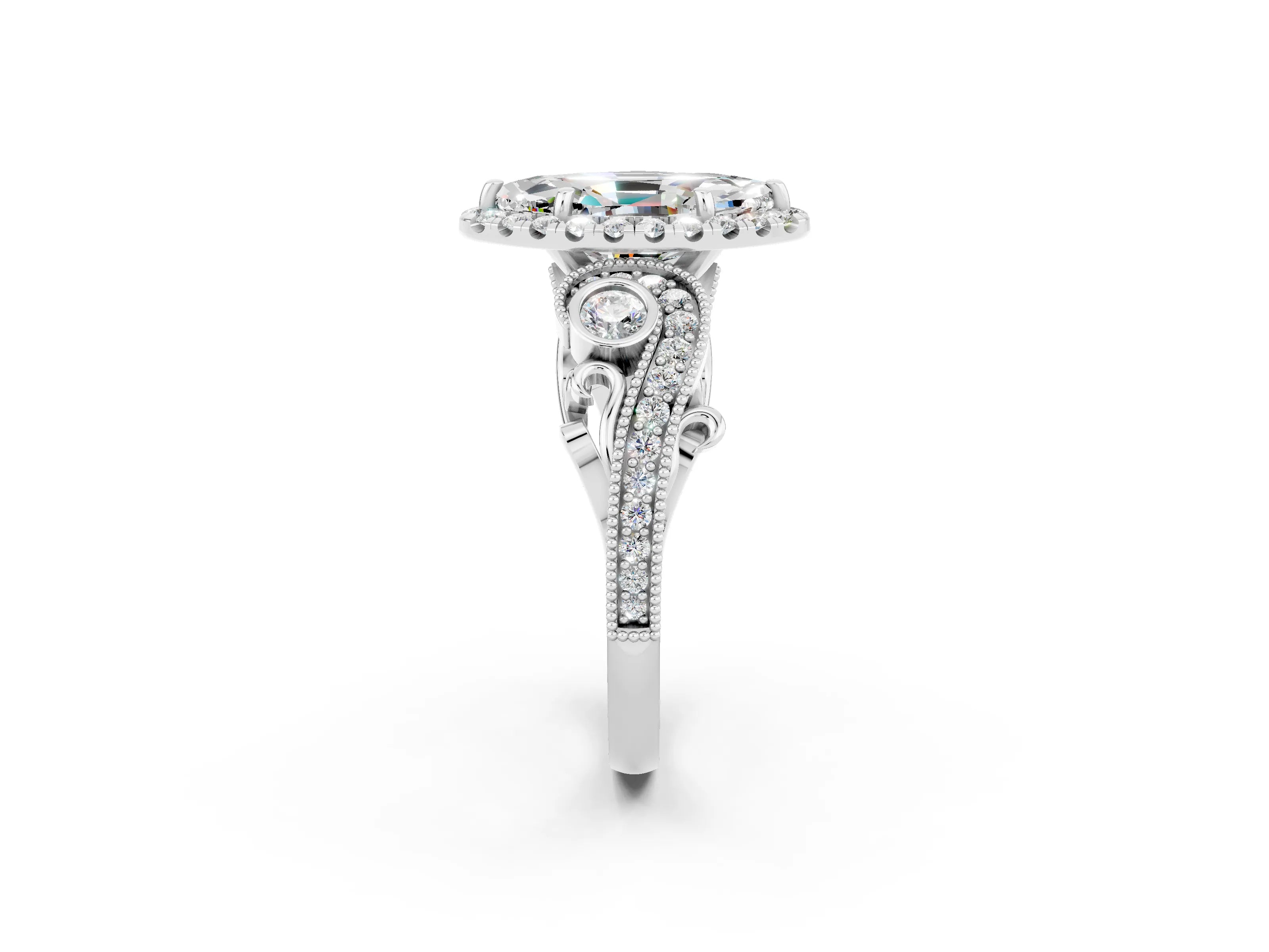 White gold Marquise Cut Moissanite Halo Ring with Milgrain Pavé Band and Four-Prong Setting_14