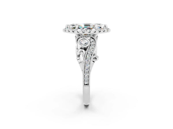 Silver Marquise Cut Moissanite Halo Ring with Milgrain Pavé Band and Four-Prong Setting