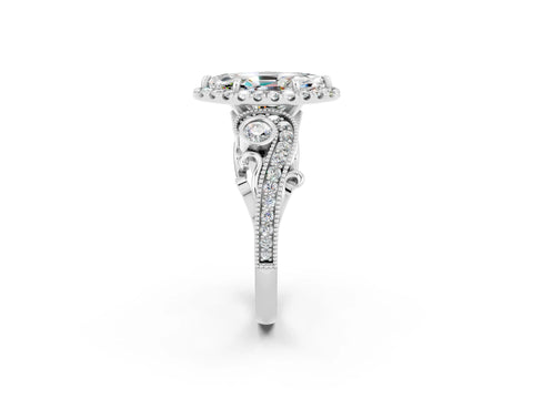 White gold Marquise Cut Moissanite Halo Ring with Milgrain Pavé Band and Four-Prong Setting_14