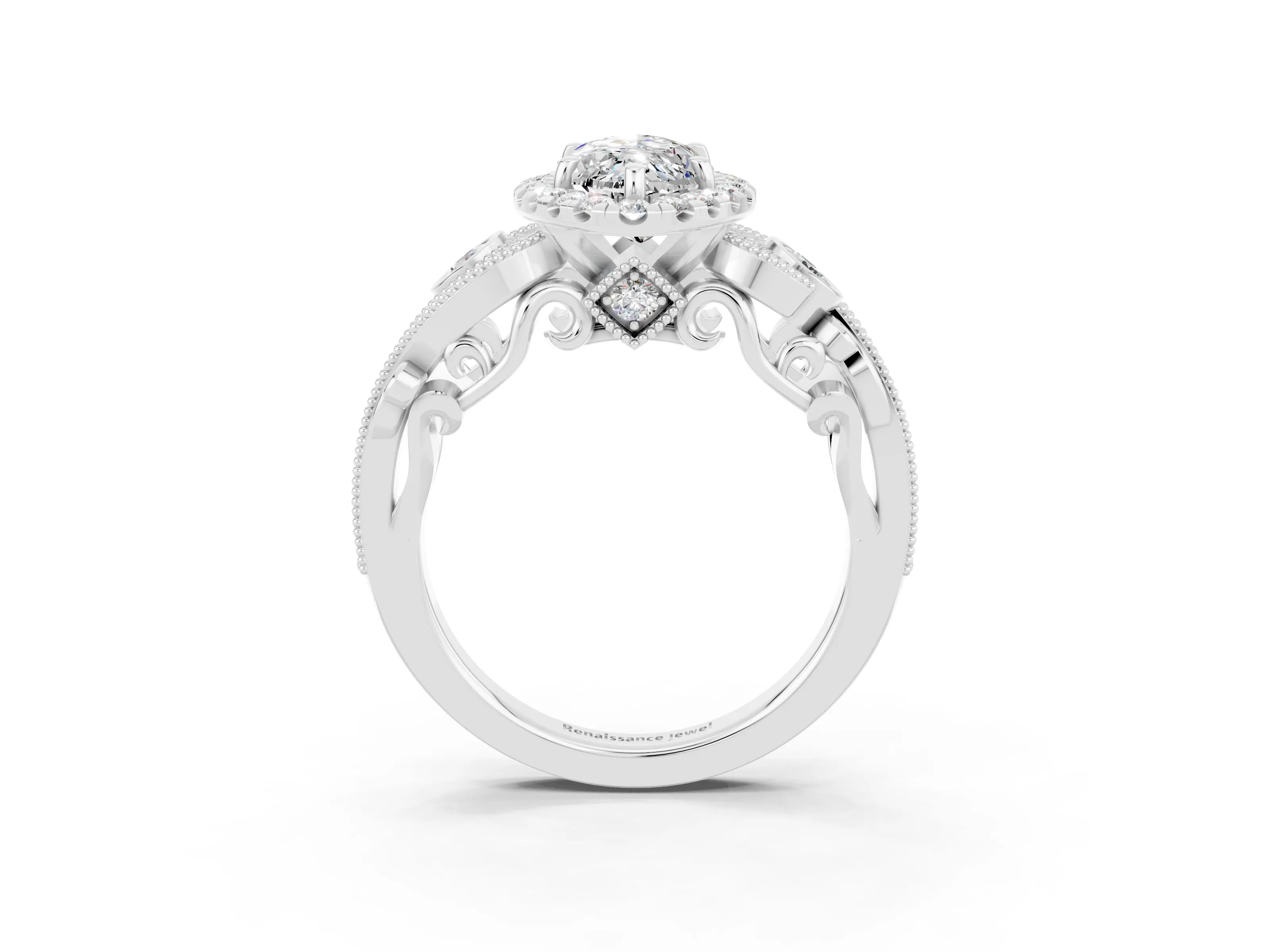 White gold Marquise Cut Moissanite Halo Ring with Milgrain Pavé Band and Four-Prong Setting_15