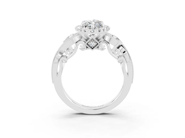Platinum Marquise Cut Moissanite Halo Ring with Milgrain Pavé Band and Four-Prong Setting