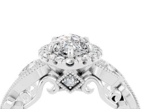 White gold Marquise Cut Moissanite Halo Ring with Milgrain Pavé Band and Four-Prong Setting_16
