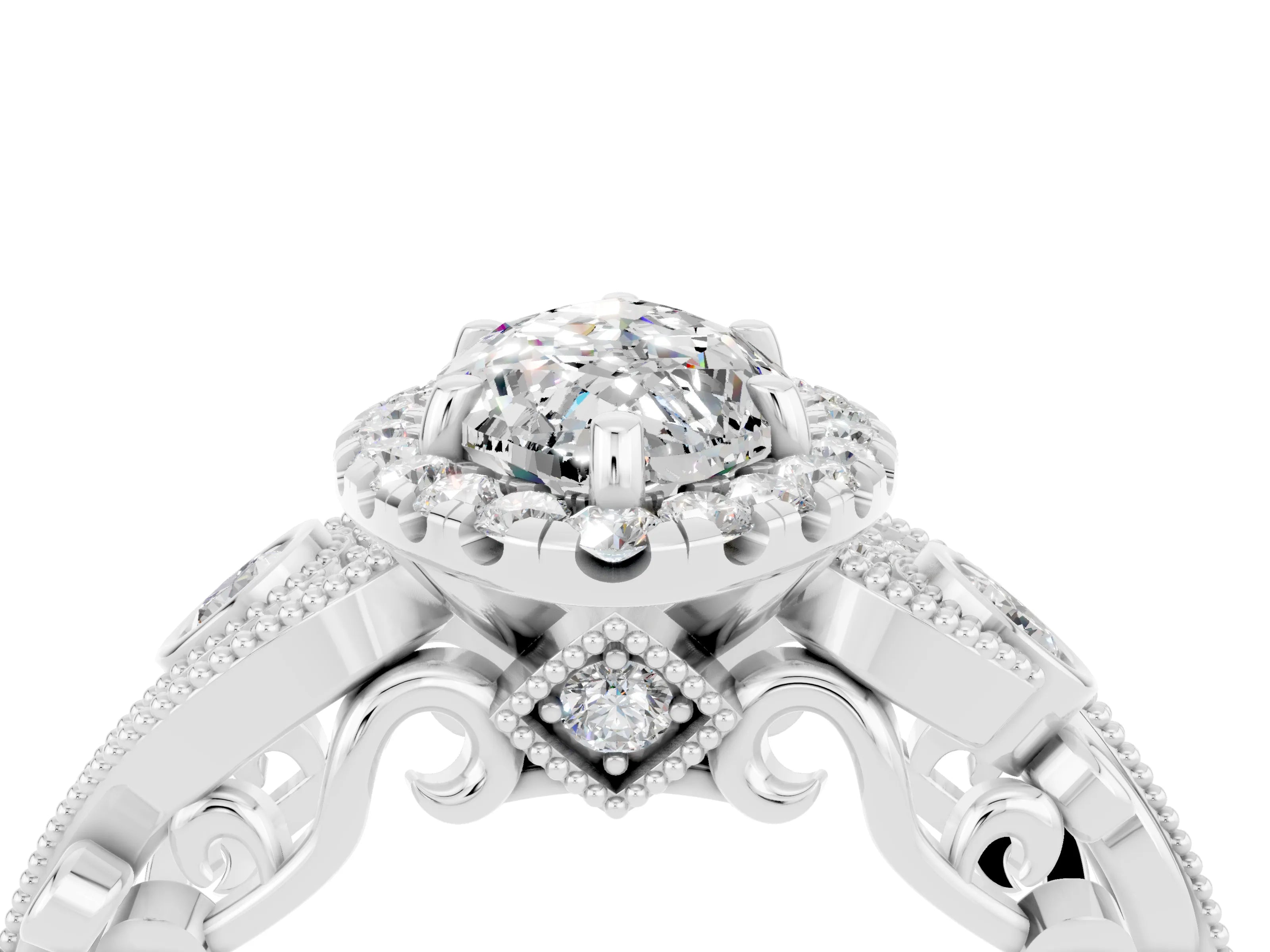 White gold Marquise Cut Moissanite Halo Ring with Milgrain Pavé Band and Four-Prong Setting_16