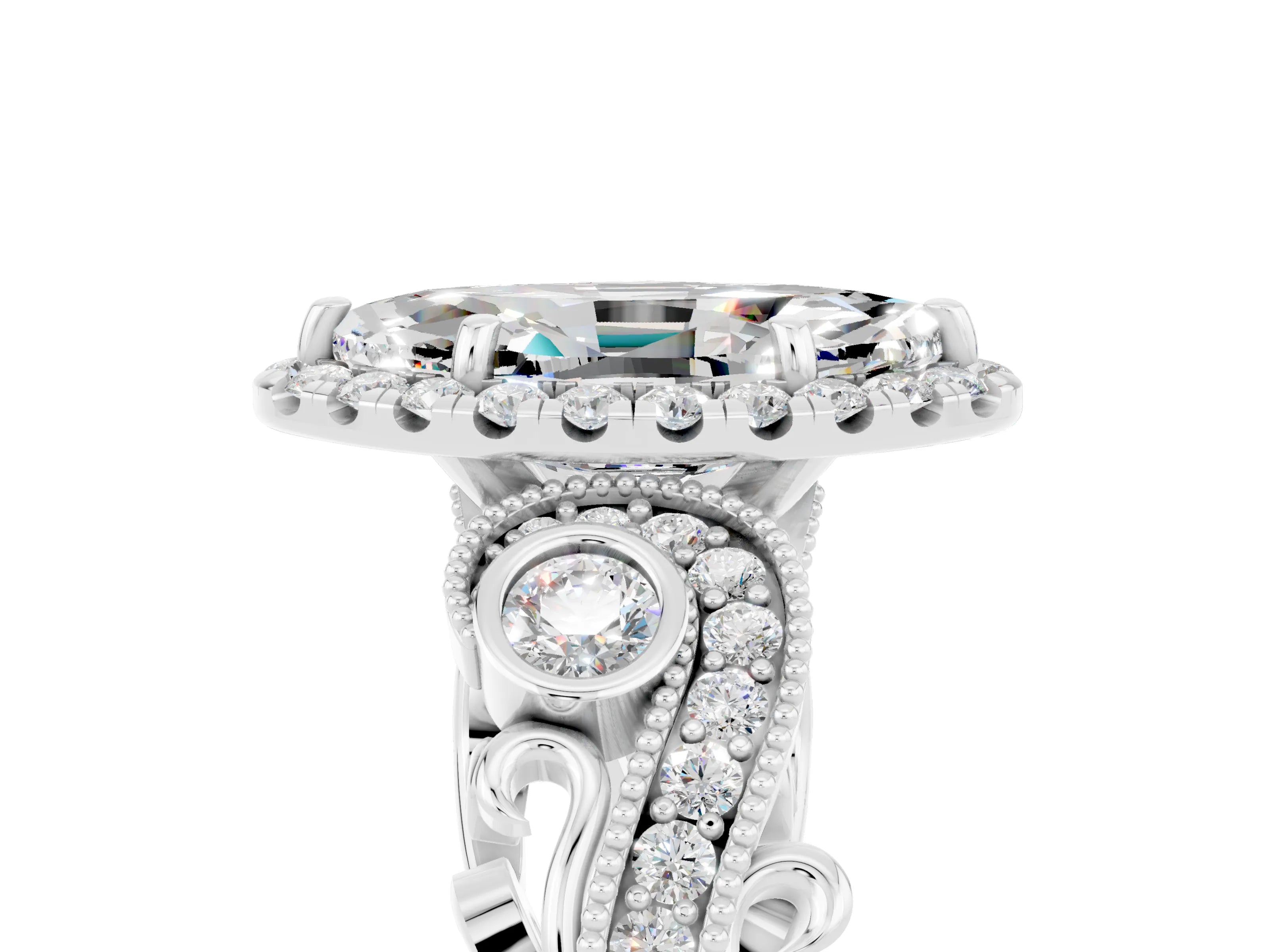 White gold Marquise Cut Moissanite Halo Ring with Milgrain Pavé Band and Four-Prong Setting_17