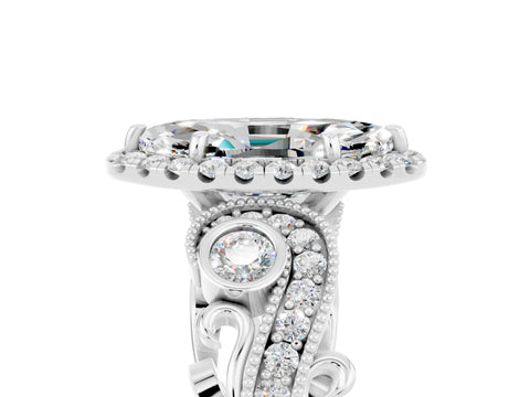 White gold Marquise Cut Moissanite Halo Ring with Milgrain Pavé Band and Four-Prong Setting_17