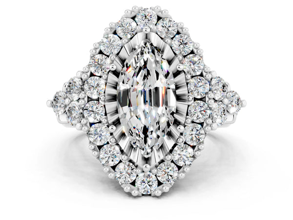 Platinum Marquise Cut Moissanite Halo Ring with Pavé Band and Four-Prong Setting