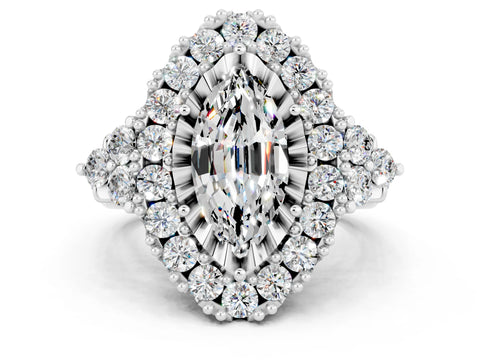 White gold Marquise Cut Moissanite Halo Ring with Pavé Band and Four-Prong Setting_12