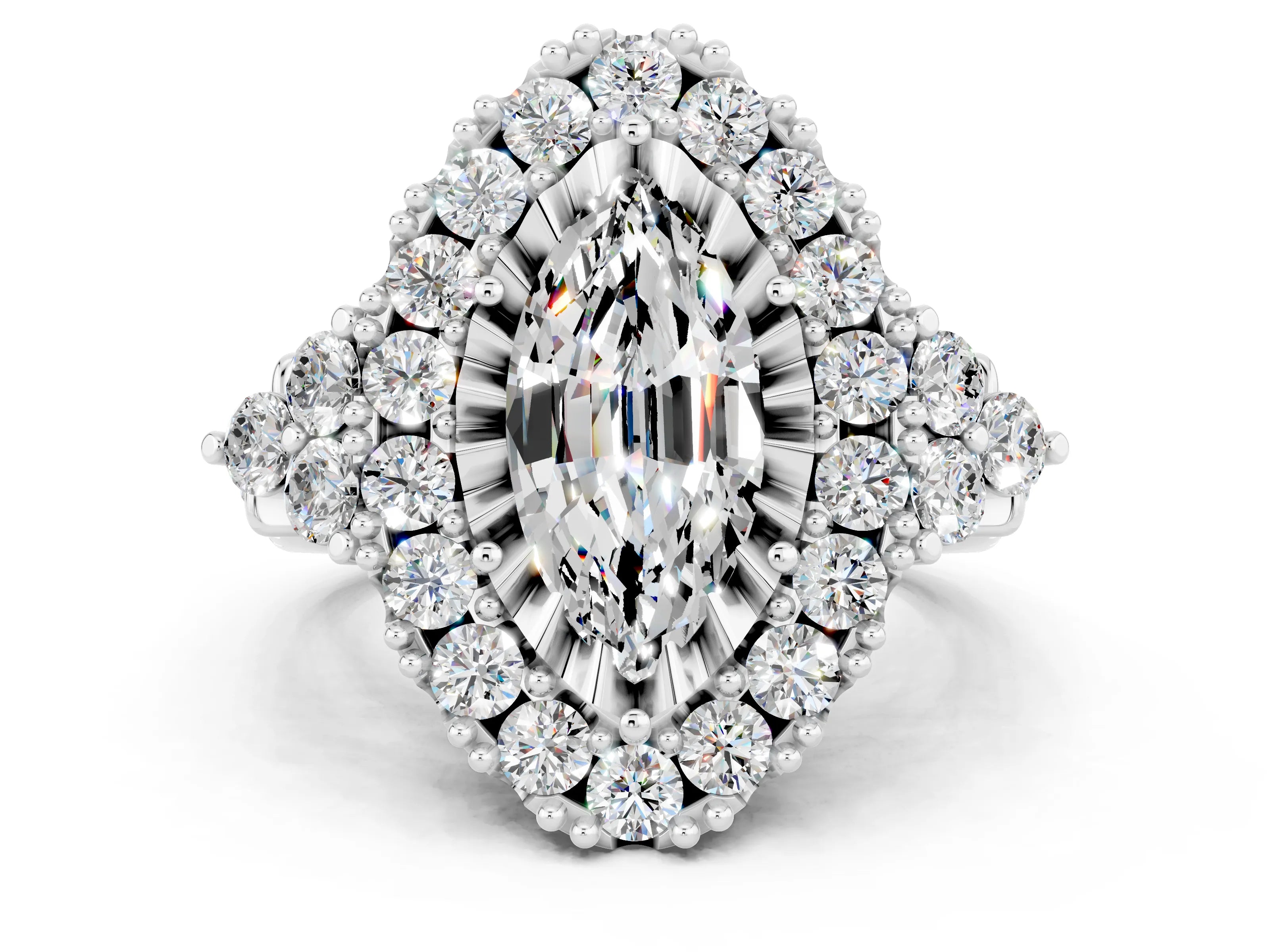 White gold Marquise Cut Moissanite Halo Ring with Pavé Band and Four-Prong Setting_12