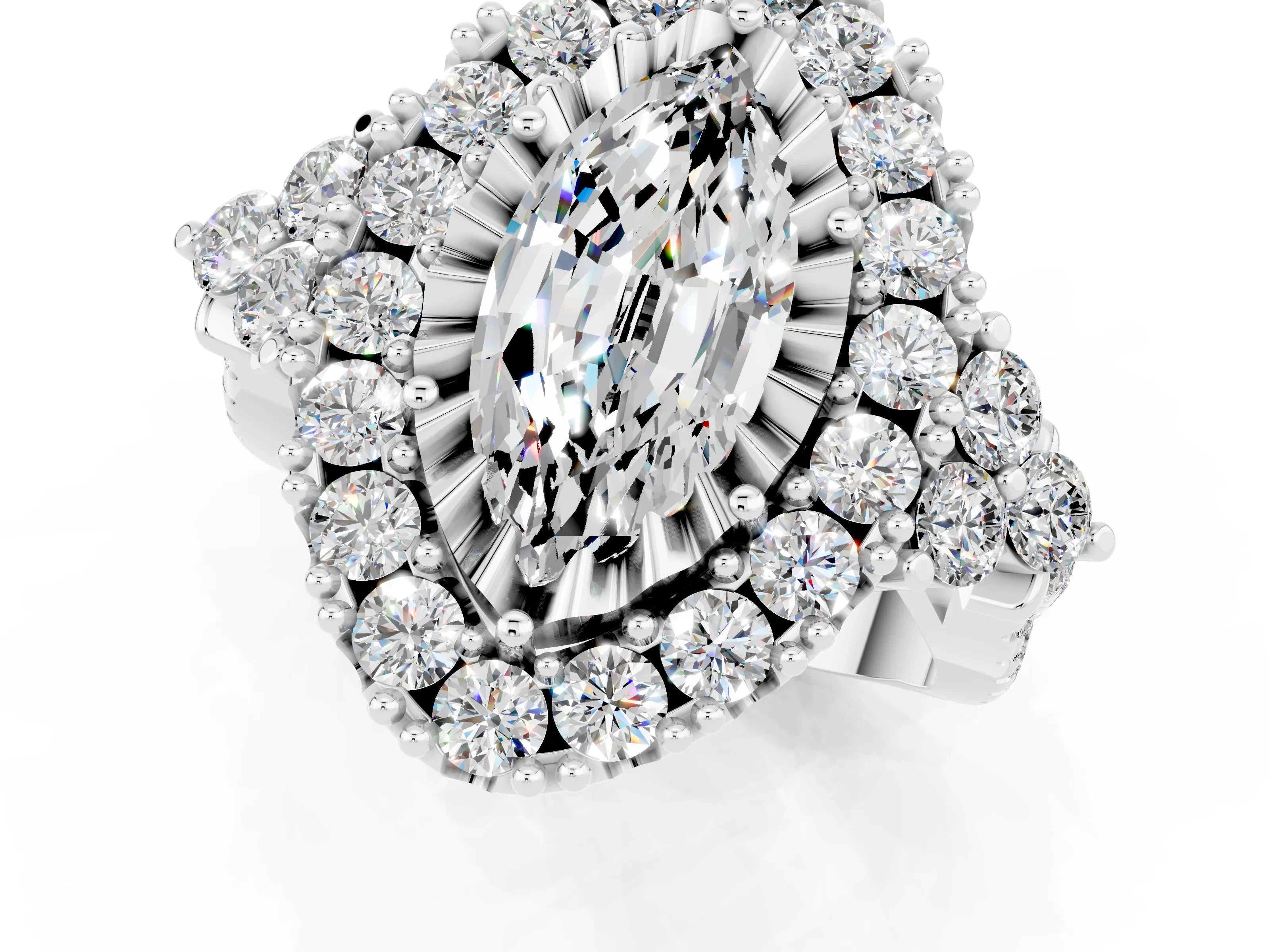 White gold Marquise Cut Moissanite Halo Ring with Pavé Band and Four-Prong Setting_13