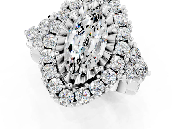 Platinum Marquise Cut Moissanite Halo Ring with Pavé Band and Four-Prong Setting