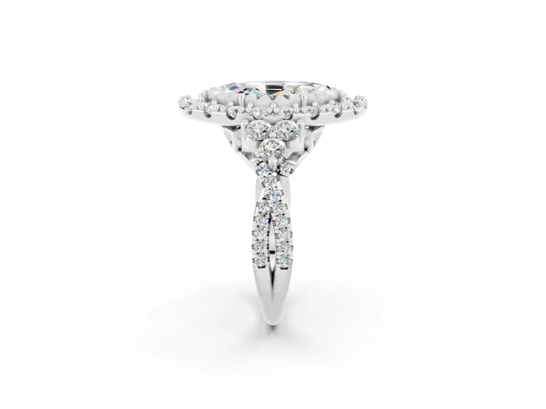 Platinum Marquise Cut Moissanite Halo Ring with Pavé Band and Four-Prong Setting