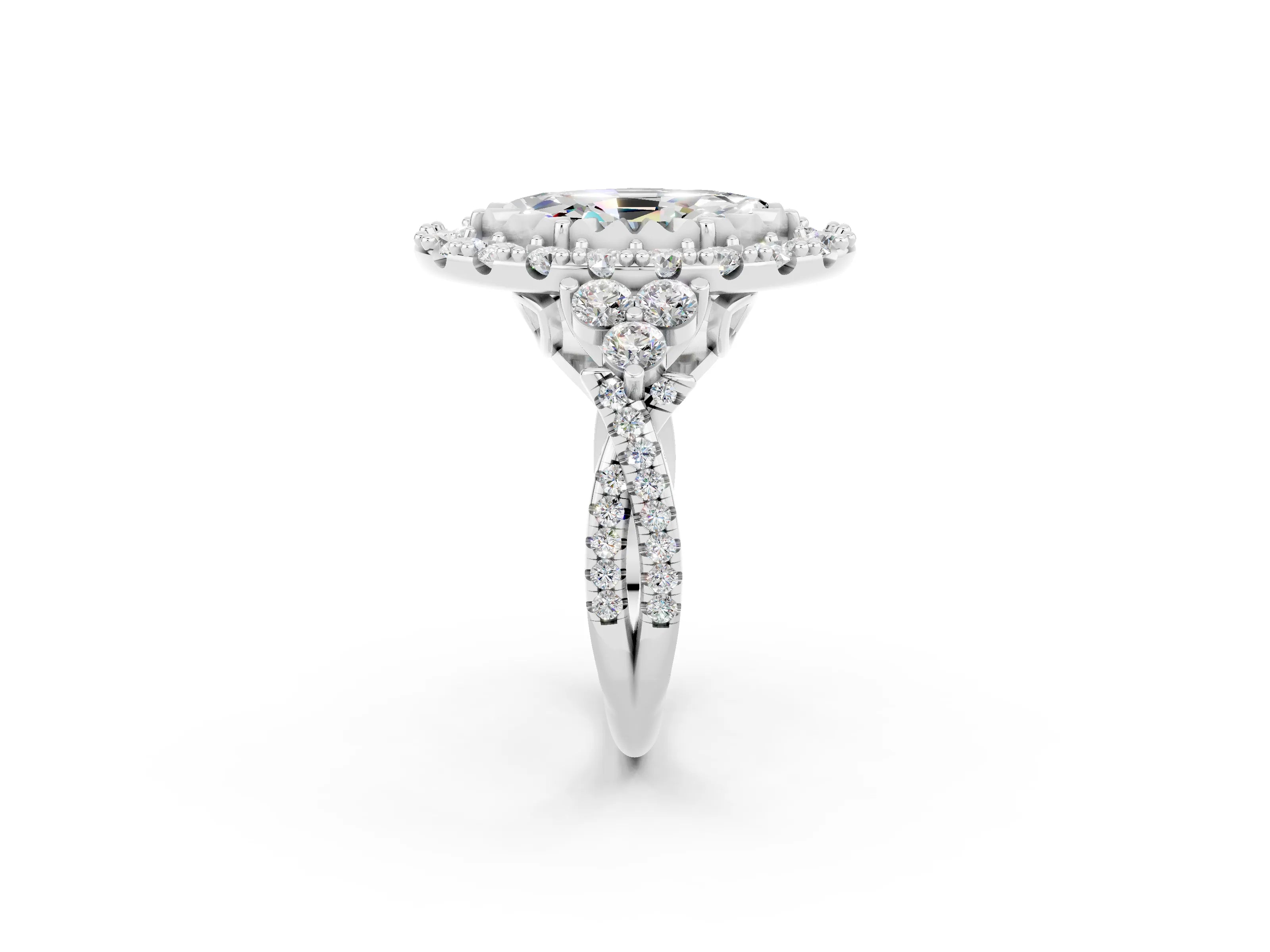 White gold Marquise Cut Moissanite Halo Ring with Pavé Band and Four-Prong Setting_14
