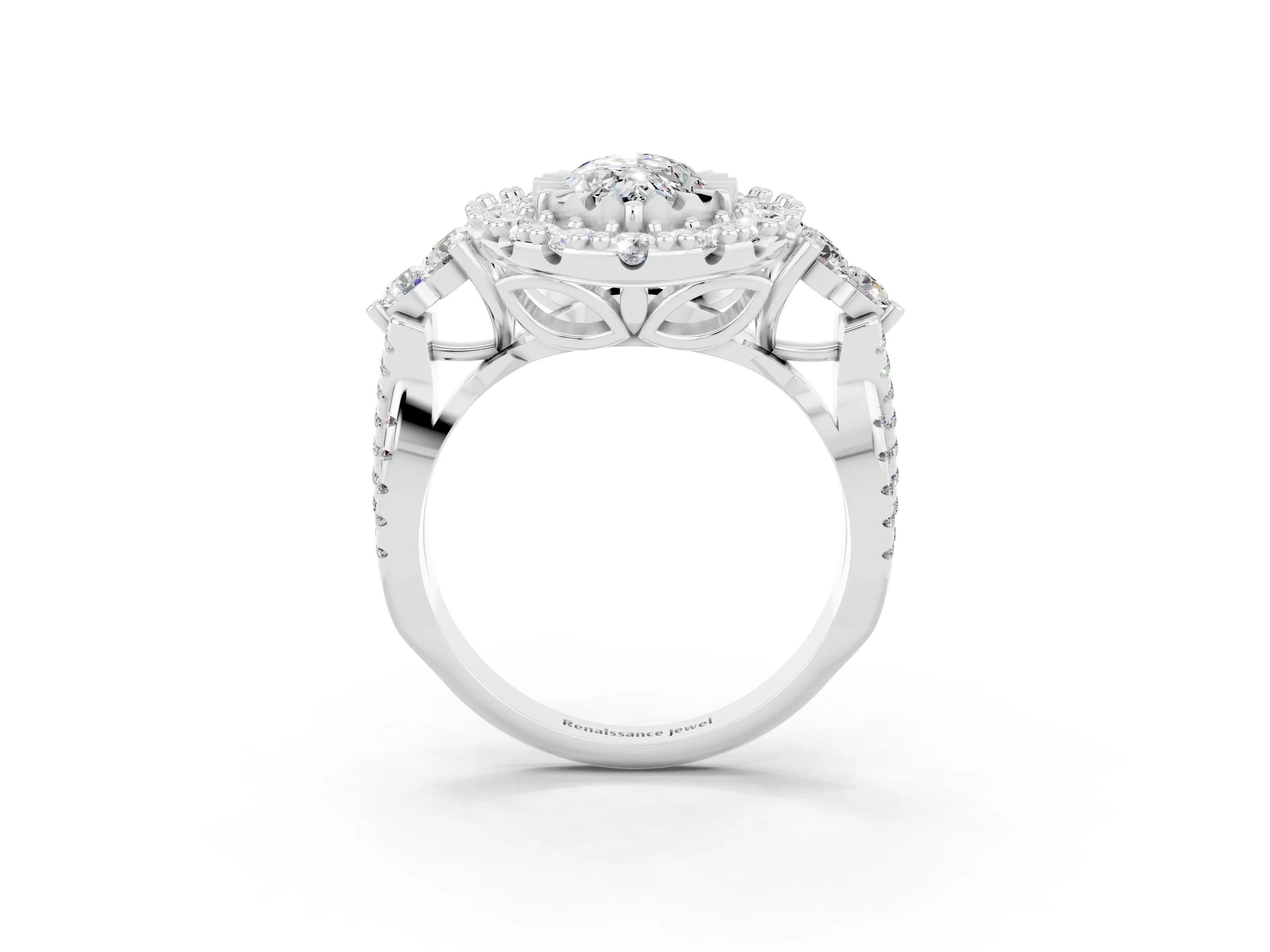 White gold Marquise Cut Moissanite Halo Ring with Pavé Band and Four-Prong Setting_15