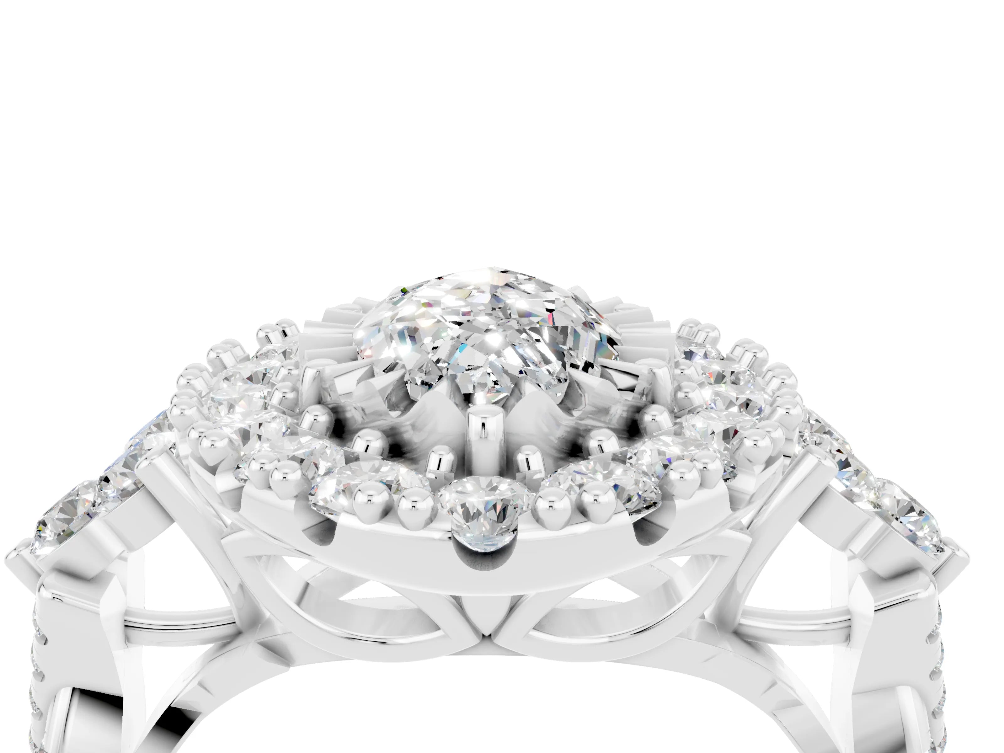 White gold Marquise Cut Moissanite Halo Ring with Pavé Band and Four-Prong Setting_16