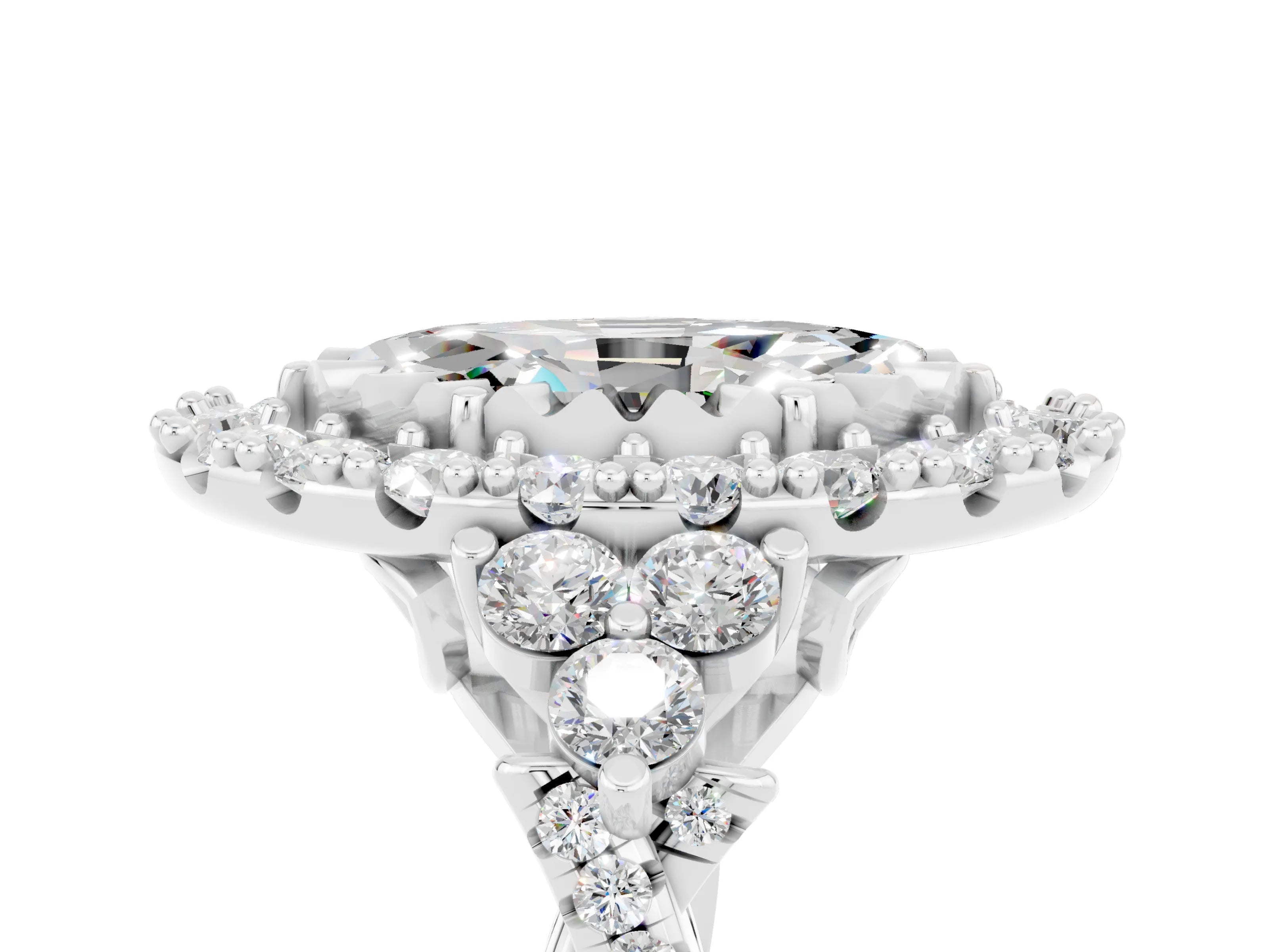 White gold Marquise Cut Moissanite Halo Ring with Pavé Band and Four-Prong Setting_17