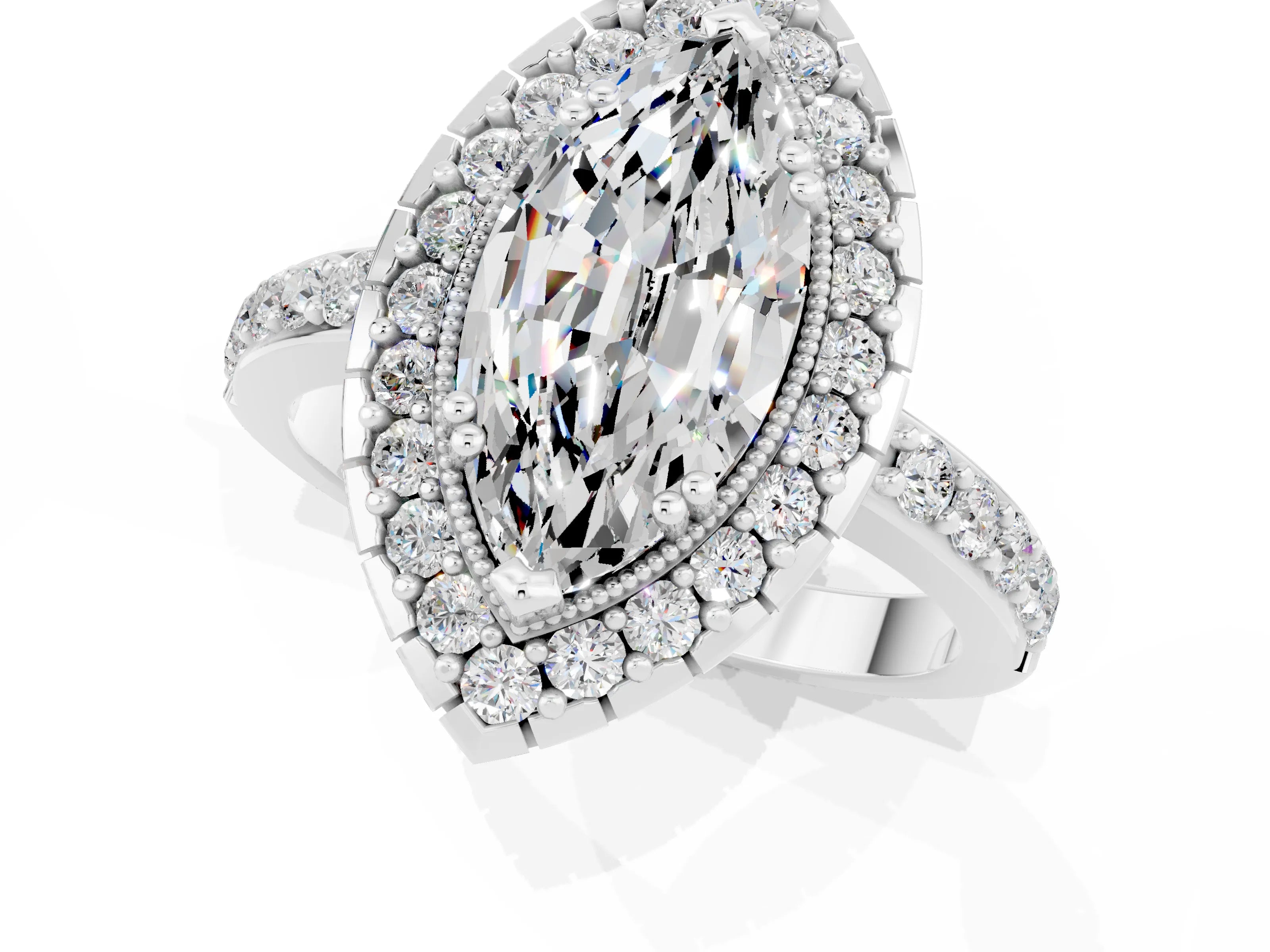 White gold Marquise Cut Moissanite Halo Ring with Pavé Band and Prong Setting_1