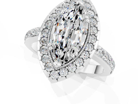 White gold Marquise Cut Moissanite Halo Ring with Pavé Band and Prong Setting_1