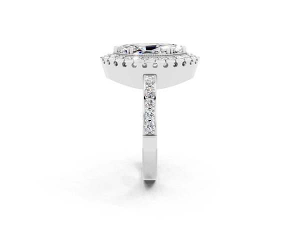 Platinum Marquise Cut Moissanite Halo Ring with Pavé Band and Prong Setting