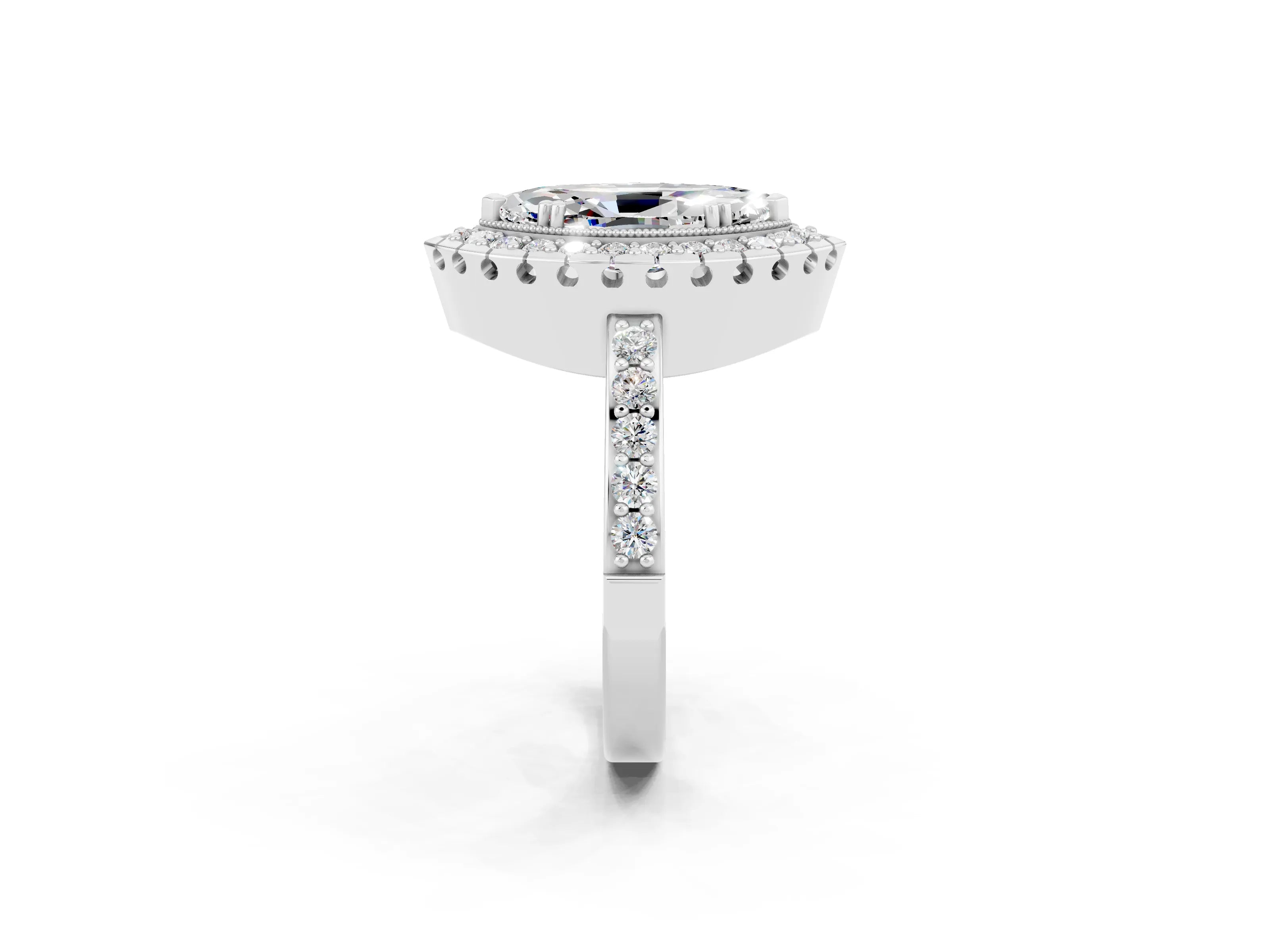 White gold Marquise Cut Moissanite Halo Ring with Pavé Band and Prong Setting_2