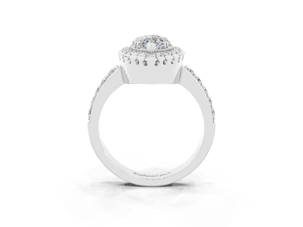 Platinum Marquise Cut Moissanite Halo Ring with Pavé Band and Prong Setting