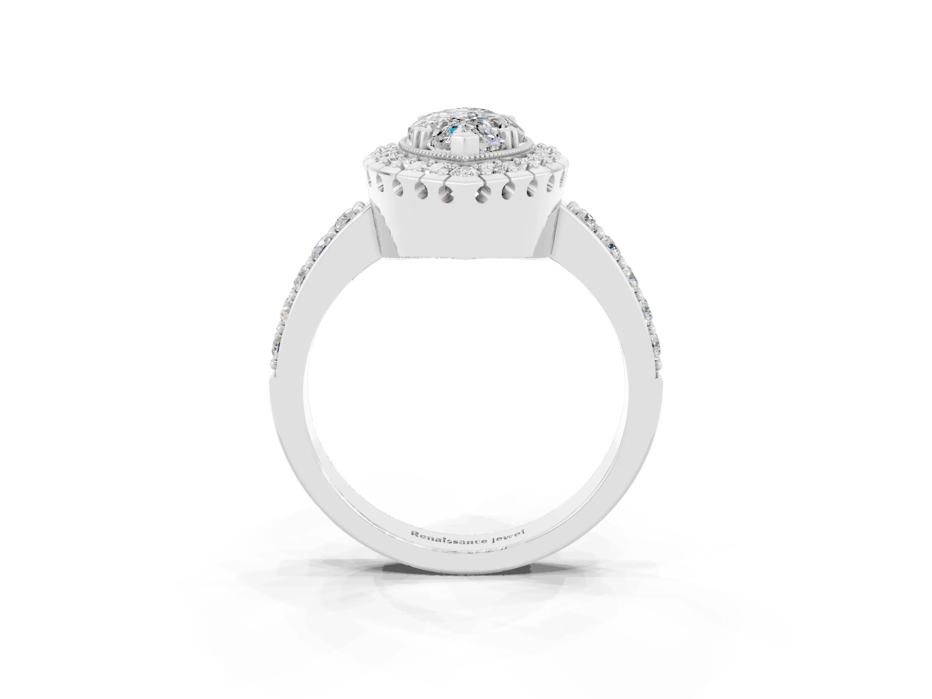 White gold Marquise Cut Moissanite Halo Ring with Pavé Band and Prong Setting_3