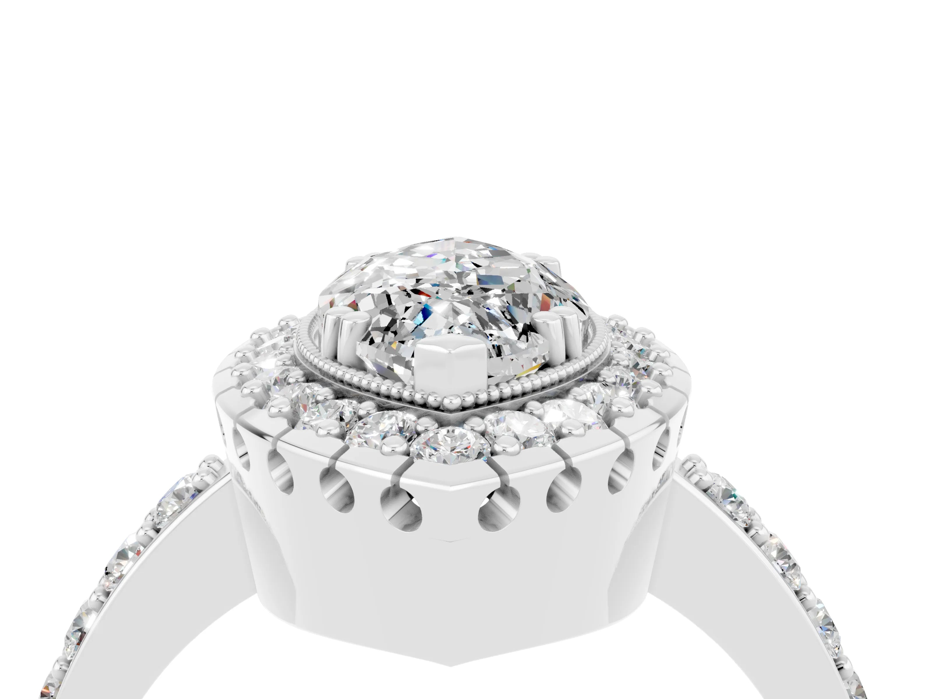 White gold Marquise Cut Moissanite Halo Ring with Pavé Band and Prong Setting_4