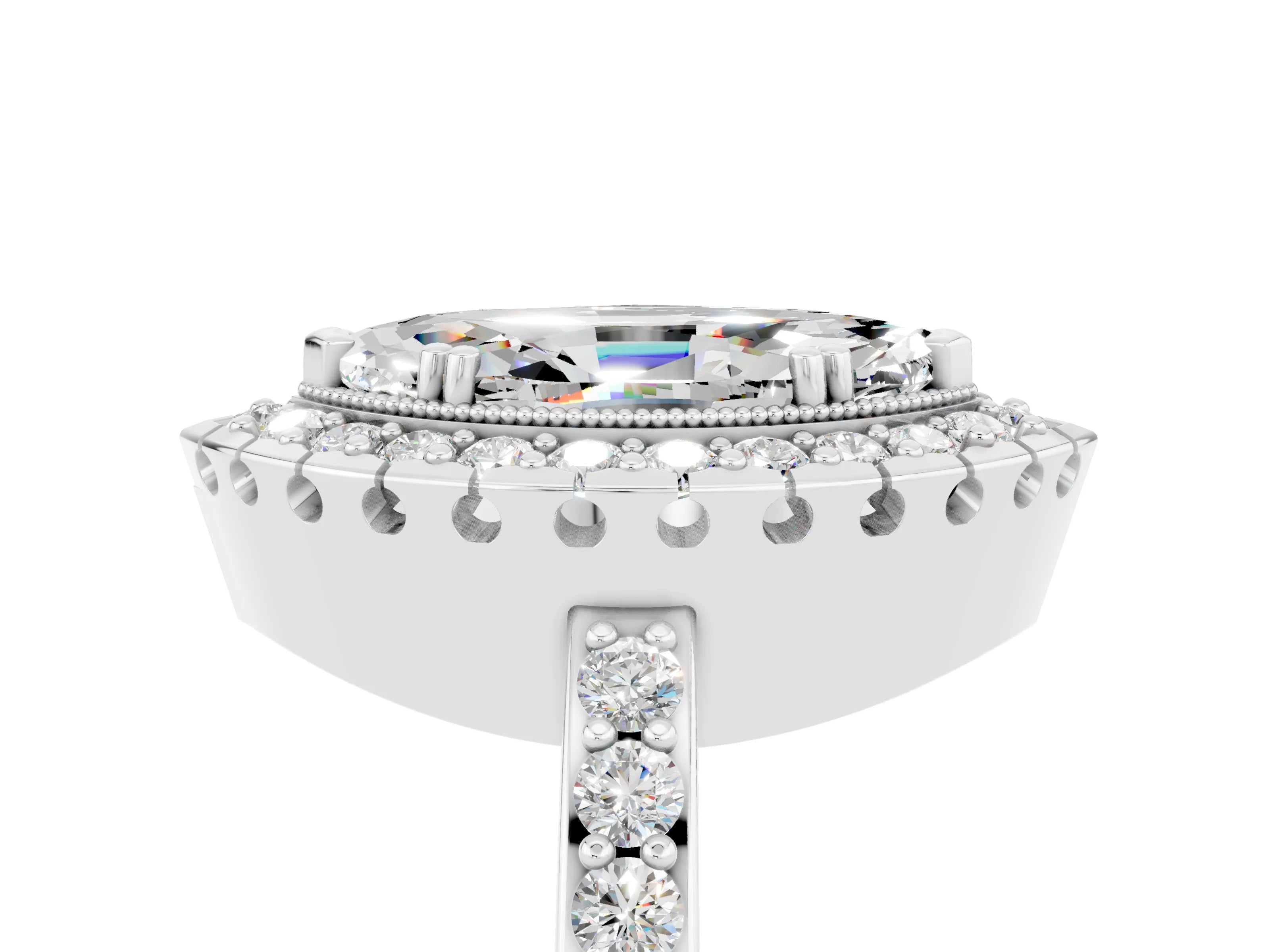 White gold Marquise Cut Moissanite Halo Ring with Pavé Band and Prong Setting_5