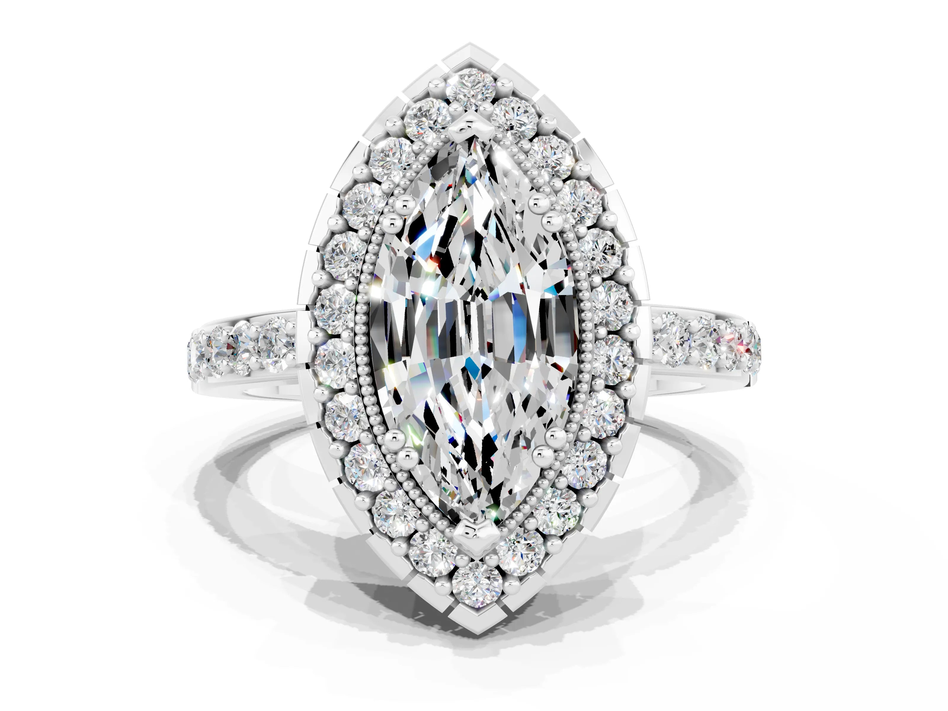 White gold Marquise Cut Moissanite Halo Ring with Pavé Band and Prong Setting