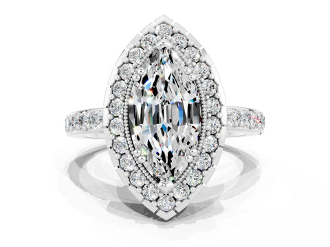 White gold Marquise Cut Moissanite Halo Ring with Pavé Band and Prong Setting