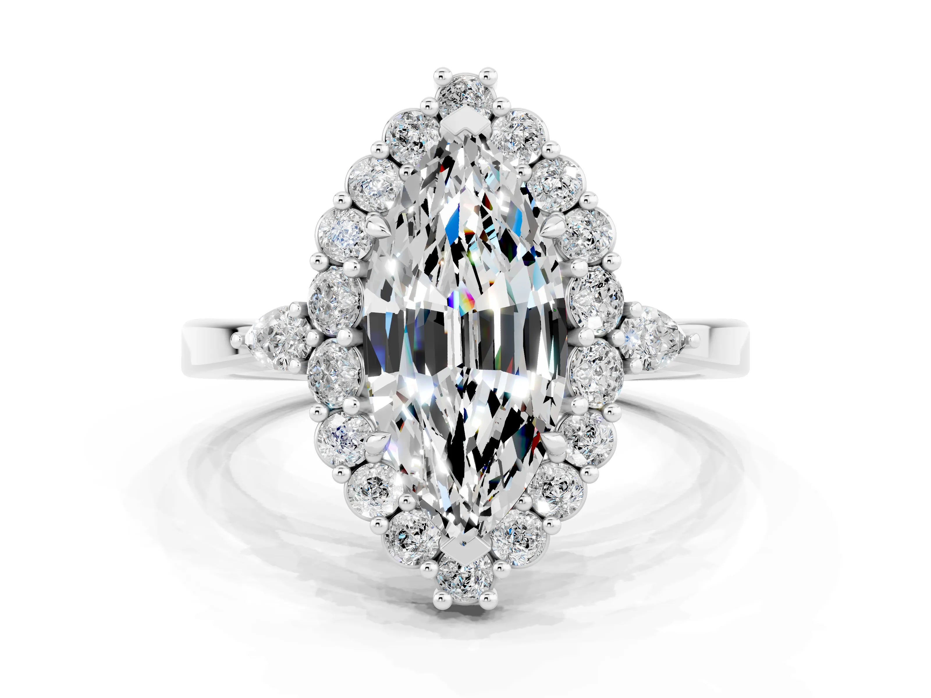 White gold Marquise Cut Moissanite Halo Ring with Pear Side Stones and Prong Setting_12