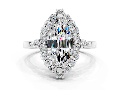 White gold Marquise Cut Moissanite Halo Ring with Pear Side Stones and Prong Setting_12