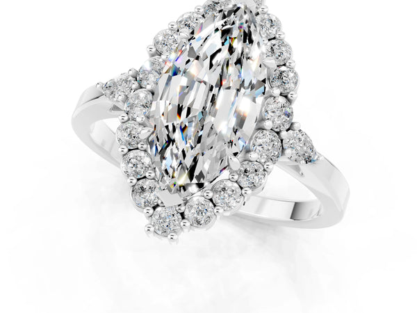 Platinum Marquise Cut Moissanite Halo Ring with Pear Side Stones and Prong Setting