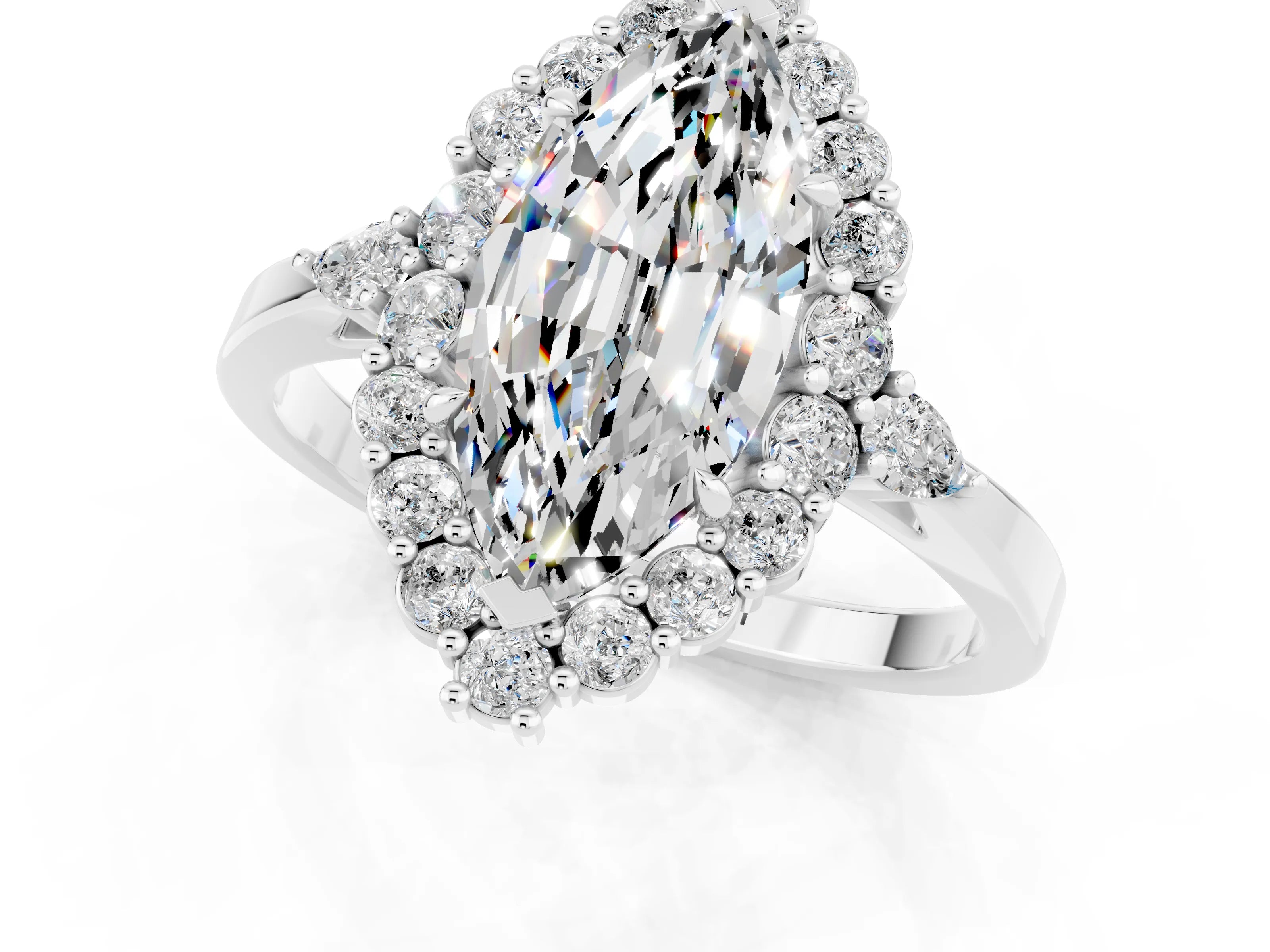 White gold Marquise Cut Moissanite Halo Ring with Pear Side Stones and Prong Setting_13