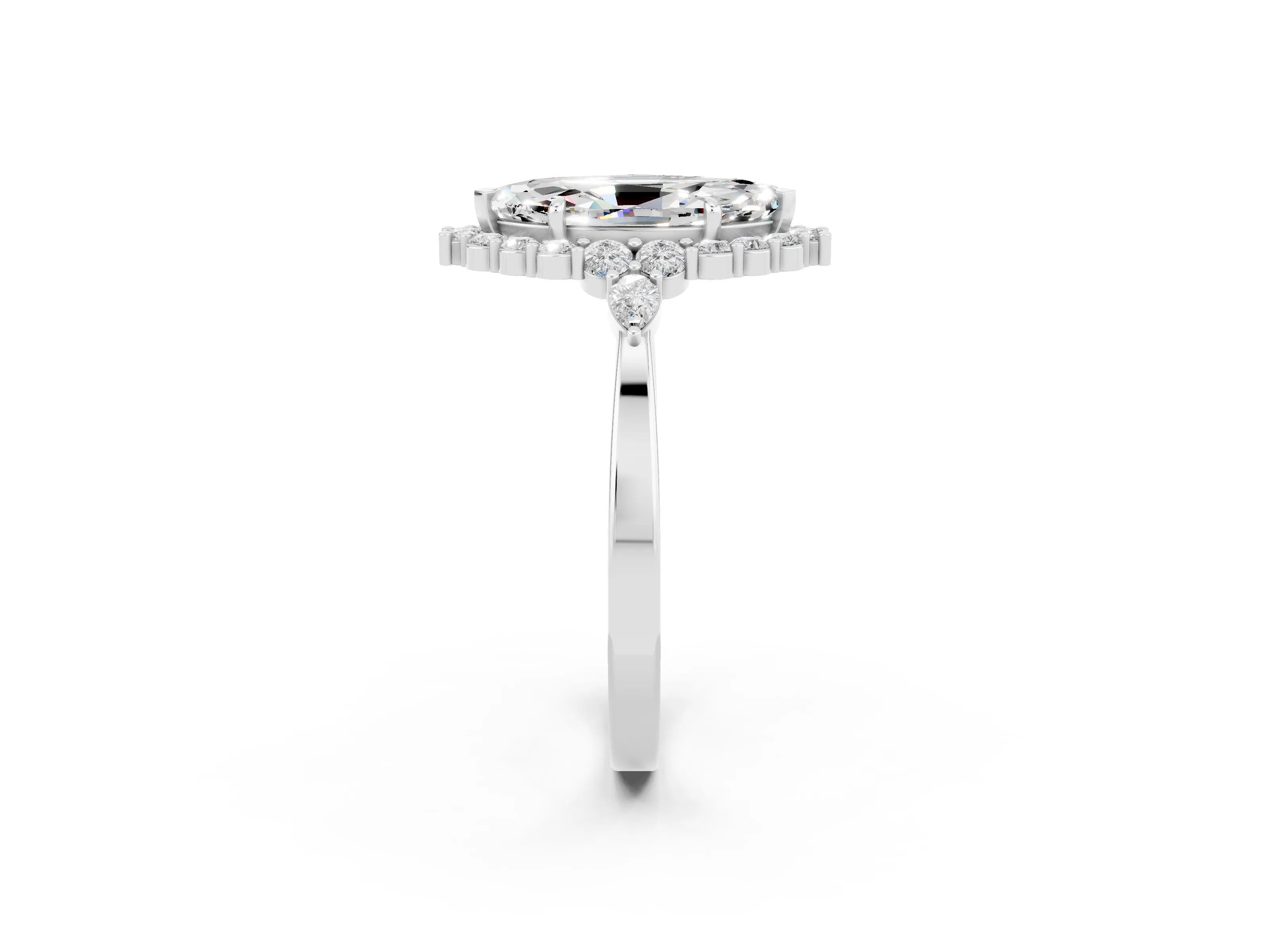 White gold Marquise Cut Moissanite Halo Ring with Pear Side Stones and Prong Setting_14