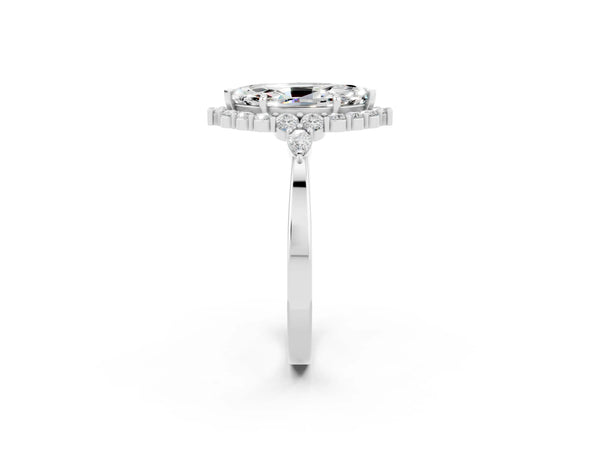 White gold Marquise Cut Moissanite Halo Ring with Pear Side Stones and Prong Setting