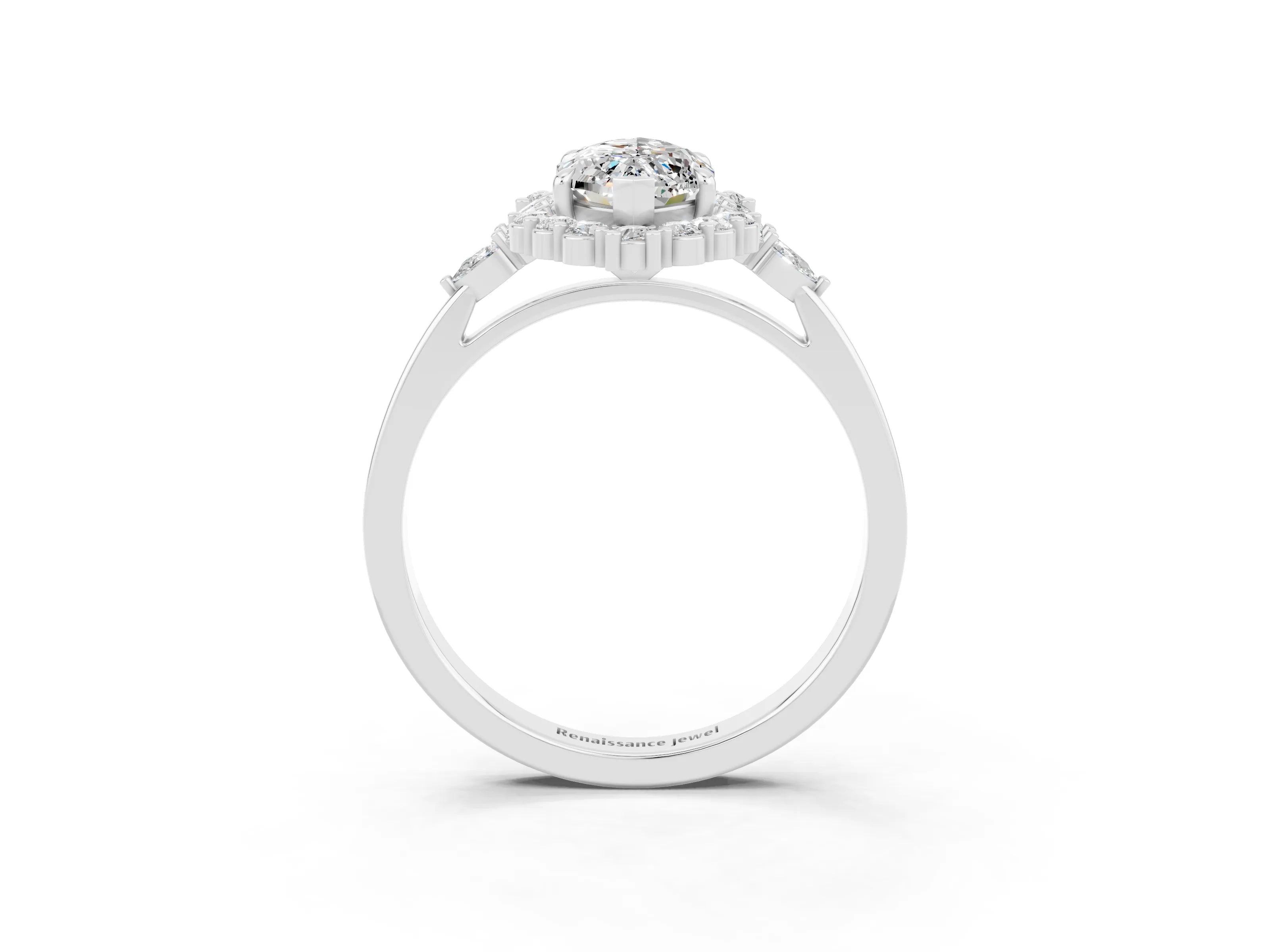 White gold Marquise Cut Moissanite Halo Ring with Pear Side Stones and Prong Setting_15