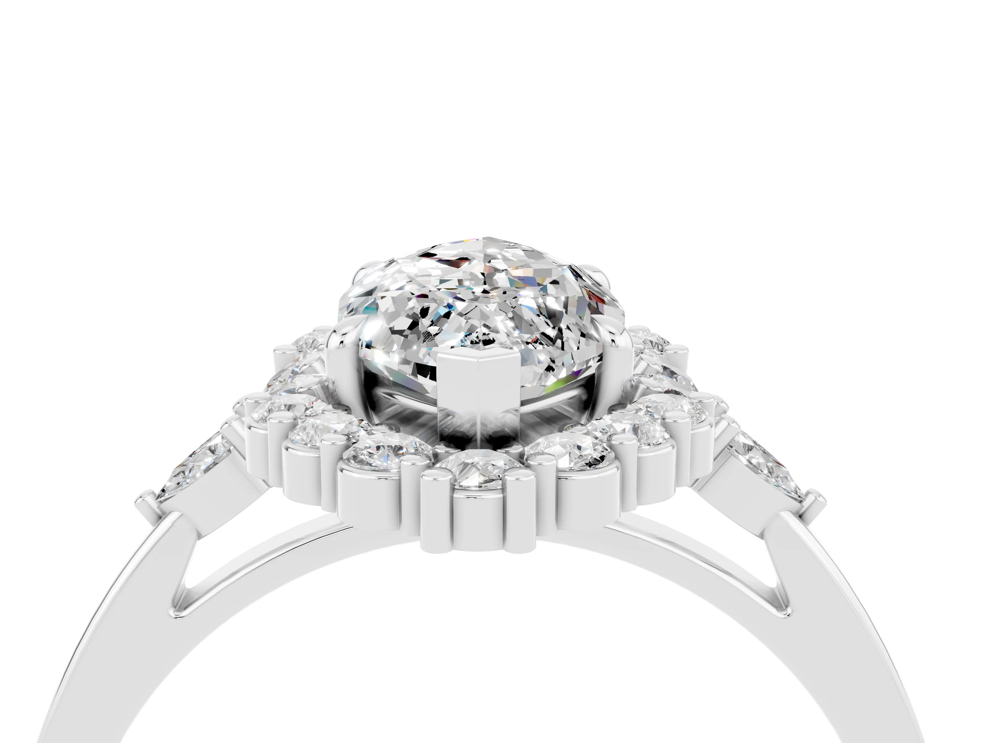 White gold Marquise Cut Moissanite Halo Ring with Pear Side Stones and Prong Setting_16