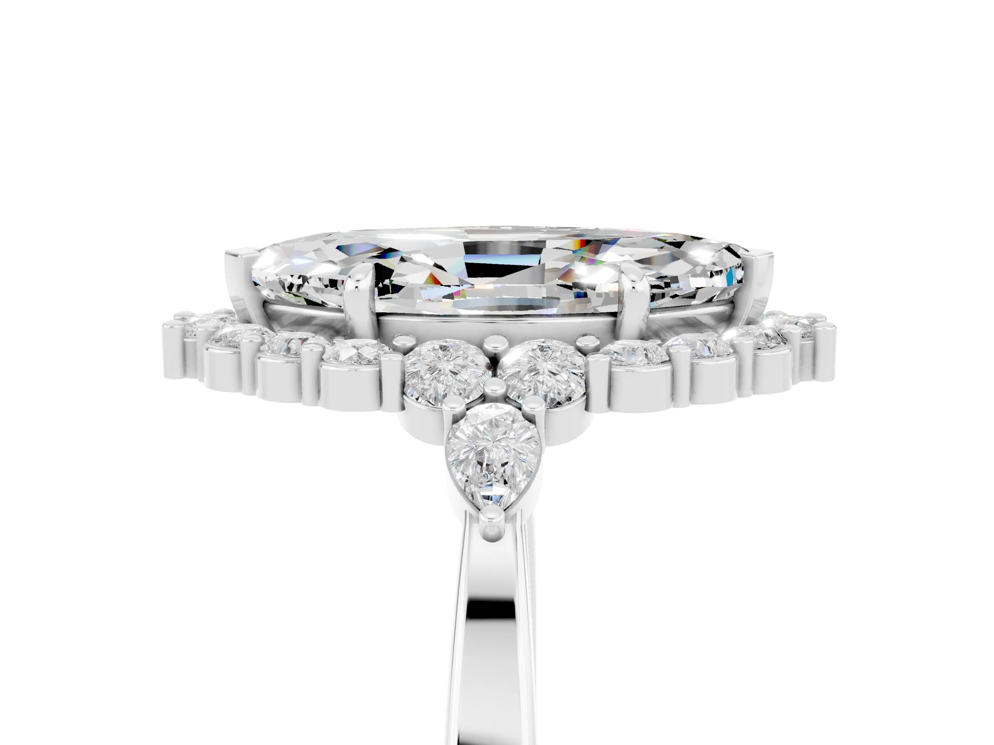 White gold Marquise Cut Moissanite Halo Ring with Pear Side Stones and Prong Setting_17