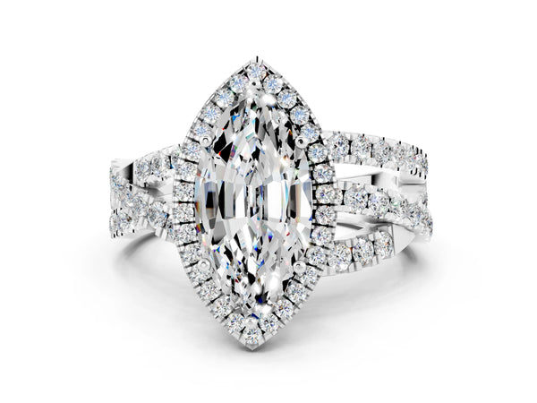 Platinum Marquise Cut Moissanite Halo Ring with Round Split Shank and Prong Setting