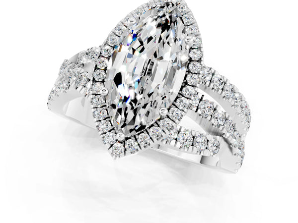 White gold Marquise Cut Moissanite Halo Ring with Round Split Shank and Prong Setting
