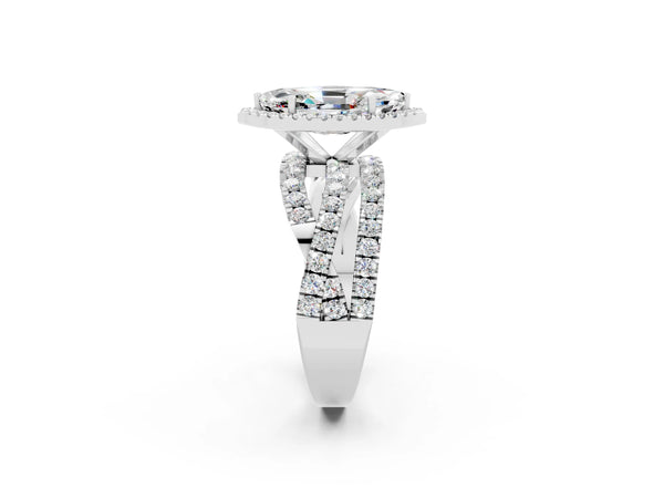 Platinum Marquise Cut Moissanite Halo Ring with Round Split Shank and Prong Setting